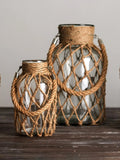 Vaso decorativo de vidro rústico pendurado feito com corda de cânhamo artística